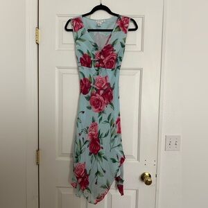 Y2k Charlotte Russe Light Blue Midi Dress with Pink Rose Print